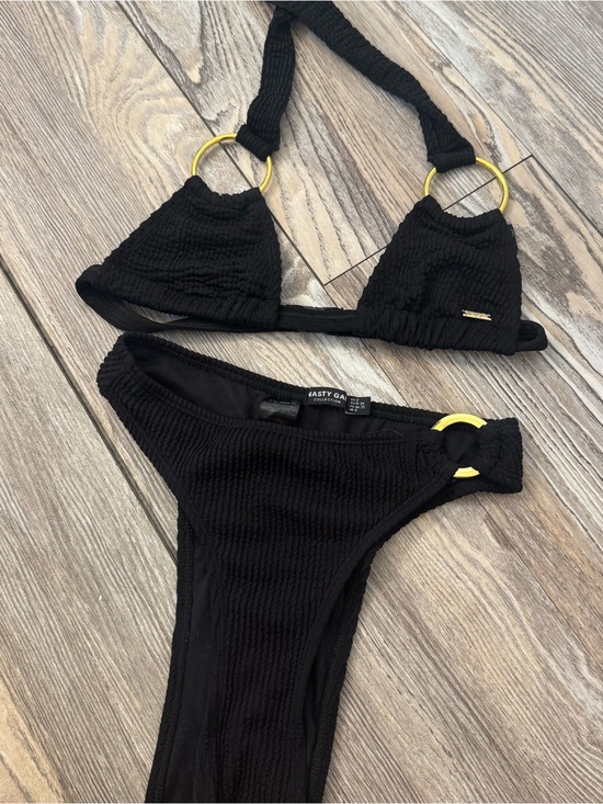 Nasty Gal Other - Nasty Gal Black Ribbed Bikini with Gold Ring Detail